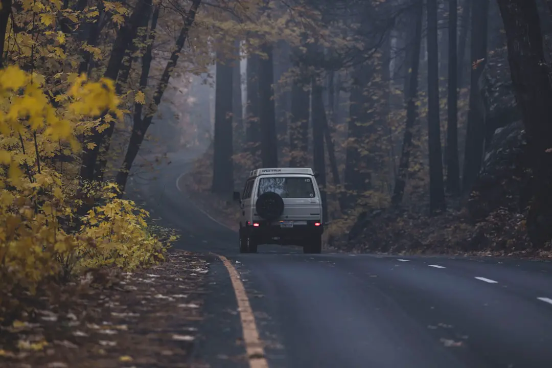 a van driving down a road in the middle of a forest